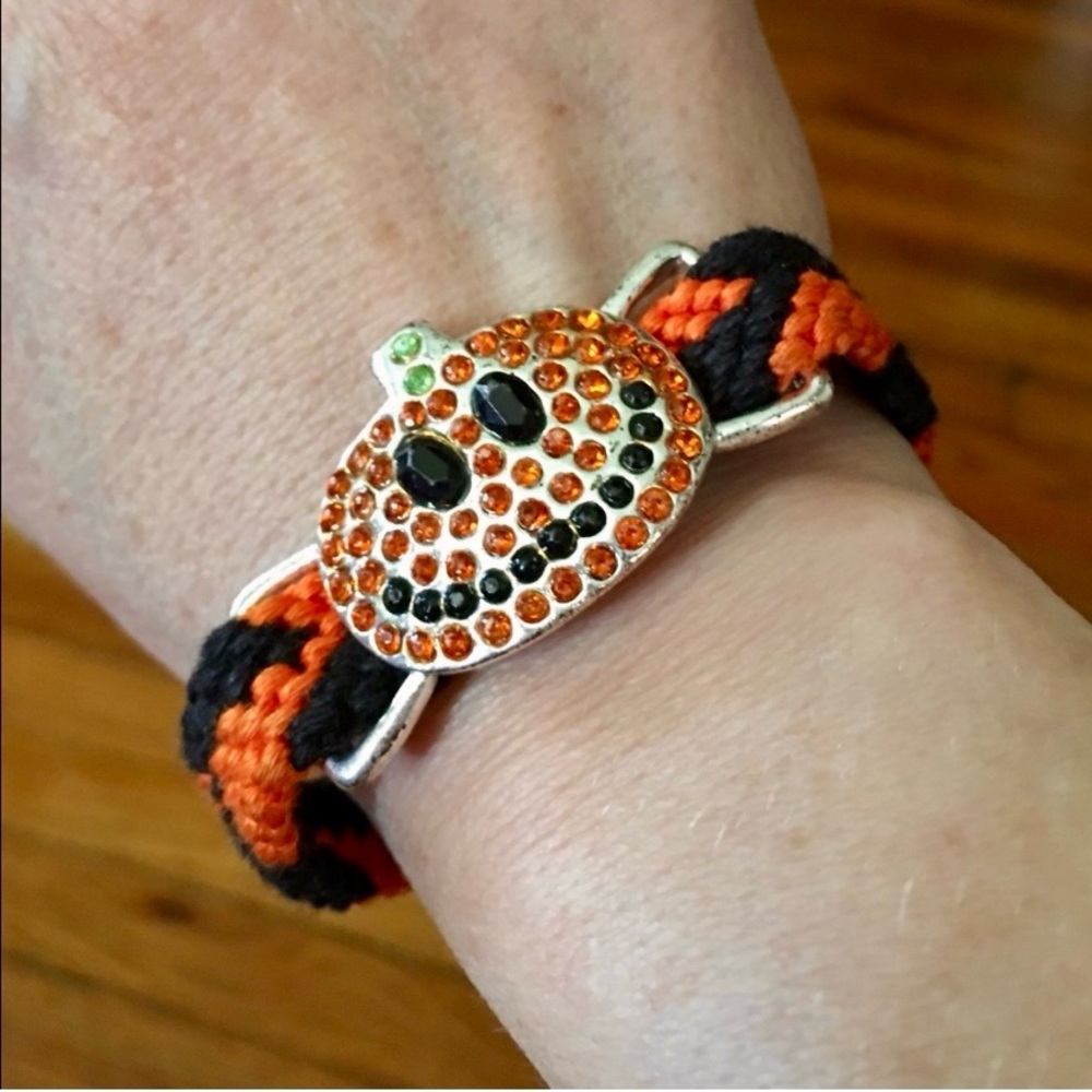 Handcrafted Embroidered Bracelet: Halloween Jack O’Lantern w/Crystals
